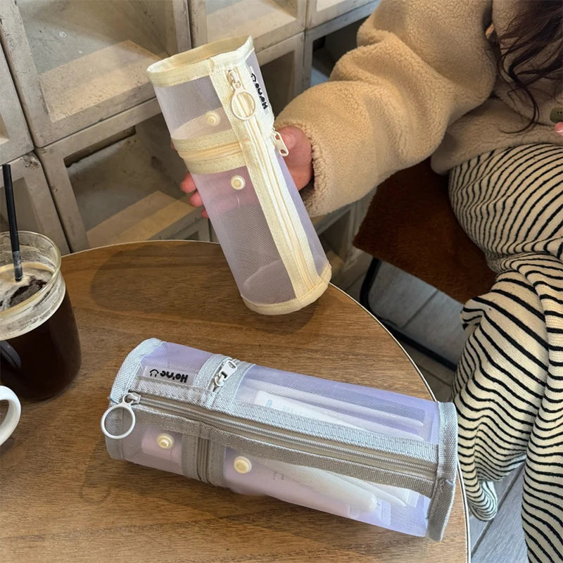 【Mesh Dual-use Makeup Brush Storage Bag Portable Brush Case Large Capacity Brush Bucket Holder Travel Stand-up Pouch】
