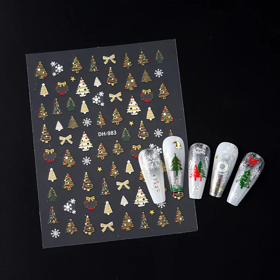 3pcs Christmas Nail Art Stickers - With Green Trees、Red Bow、Golden Decoration - Glossy Surface, Suitable for Holiday Nail Groomi