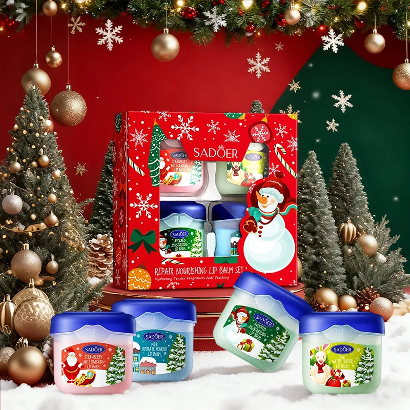 Christmas Lip Balm Set 4Pcs Repair Nourishing Lip Mask Moisturizing Anti-Dry Crack Lip Care Gift Box Alcohol-Free Clear Texture