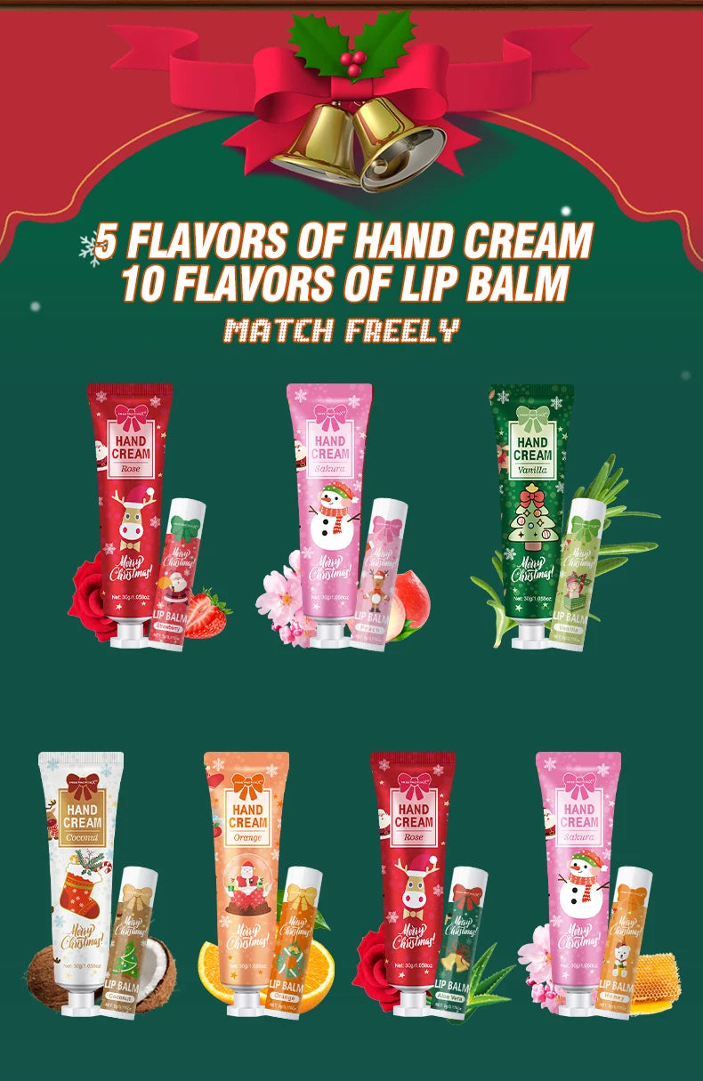 30 Sets per Box. Assorted Moisturizing Lip Balms and Hand Creams. Perfect for Christmas Giveaways and New Year Gifts.