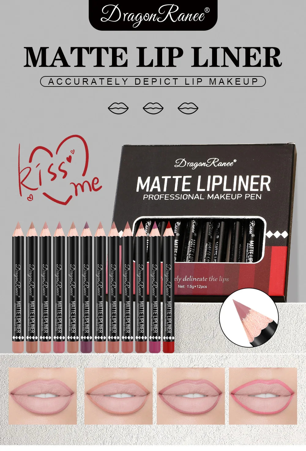 Long Lasting Matte Lip Liner 12 Colors Set Waterproof High Pigment Nude Wooden Pencil Lip Makeup Kit for Daily Use