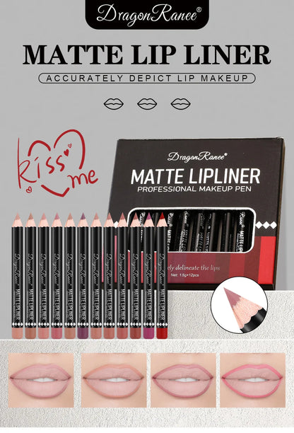 Long Lasting Matte Lip Liner 12 Colors Set Waterproof High Pigment Nude Wooden Pencil Lip Makeup Kit for Daily Use