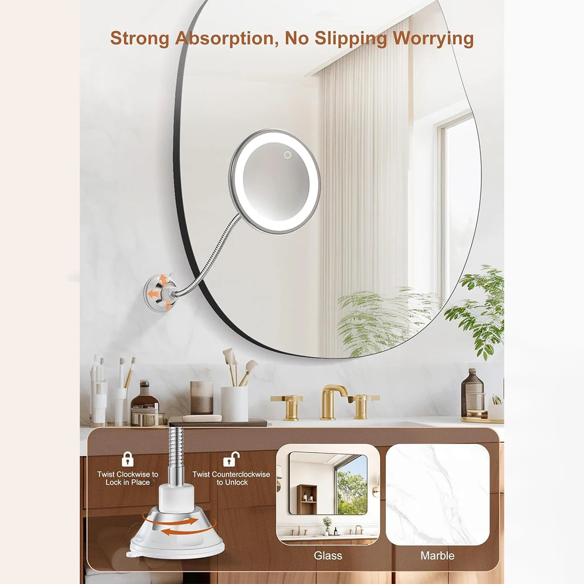 10X Magnifying Vanity Mirror with Light, Flexible Gooseneck Makeup Mirror, Battery Operated with Suction Cups & 3 Lighting Modes