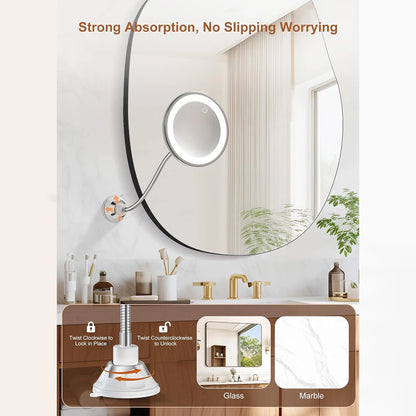 10X Magnifying Vanity Mirror with Light, Flexible Gooseneck Makeup Mirror, Battery Operated with Suction Cups & 3 Lighting Modes