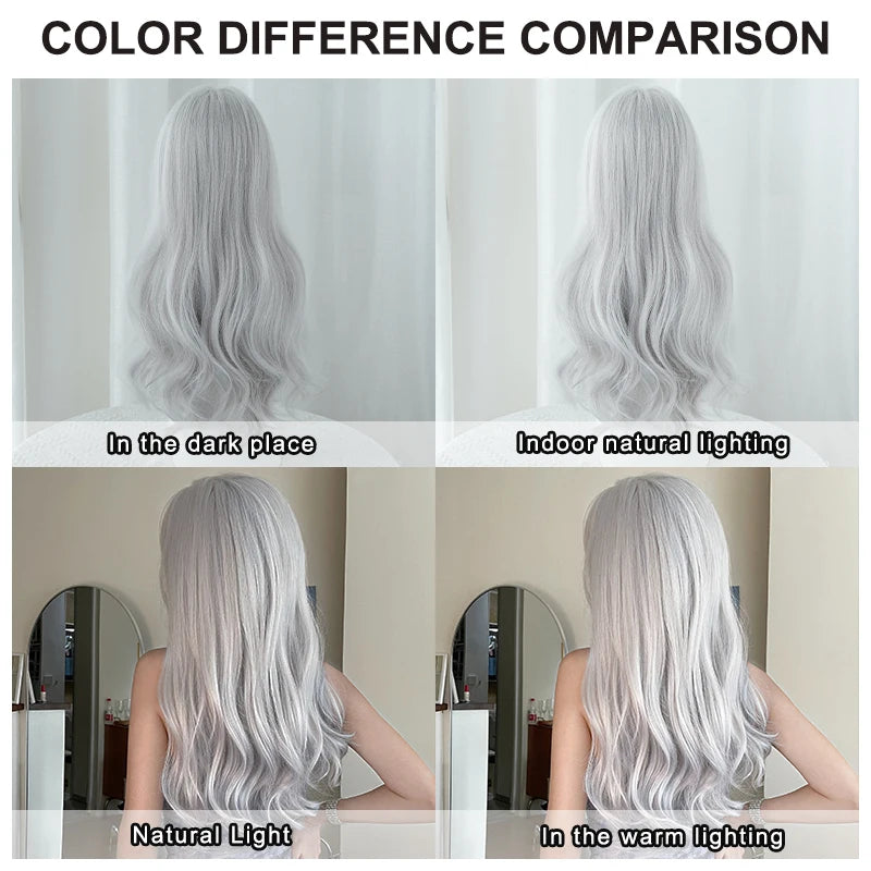 NAMM Costume Wig Synthetic Body Wavy Cool Silvery  Wig For Women Daily Use High Density Layered Hair Wigs With Fluffy Bangs