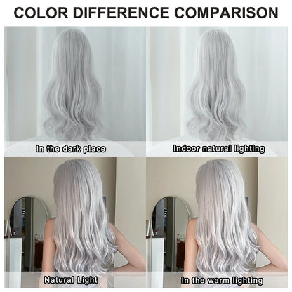 NAMM Costume Wig Synthetic Body Wavy Cool Silvery  Wig For Women Daily Use High Density Layered Hair Wigs With Fluffy Bangs