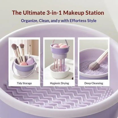 3-In-1 Foldable Silicone Makeup Brush Cleaner Mat & Drying Rack Lightweight Portable Cosmetic Brush Cleaner for Business Trips