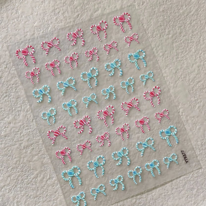 Cute Cartoon Christmas 5D Nail Stickers Red White Candy Cane Mint Cookie Gingerbread Man Snowflake Self Adhesive Nail Decals