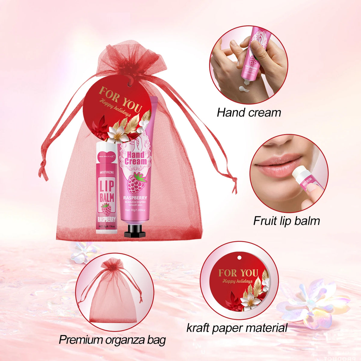 24PCS/Box Bulk Lip Balm Bulk Hand Cream Bulk Red Thank You Card and Red Gauze Bag Newlywed Thank You Gifts to Guests Christmas