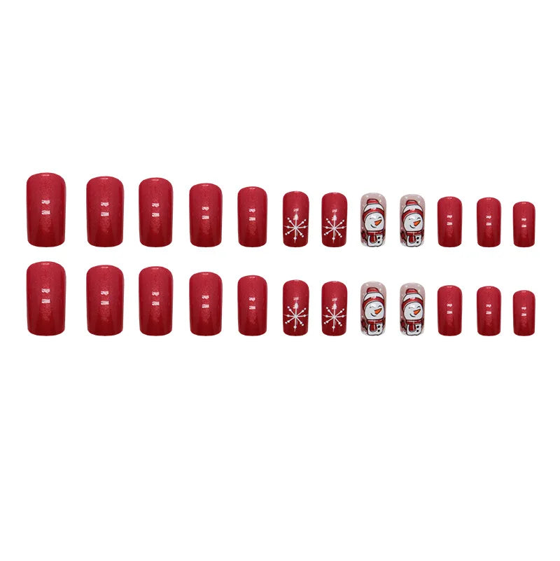 24Pcs/set Christmas Press on Nails Mid-length Square False Nails Snowman Pattern Wearable Fake Nail Art Uñas Накладные Ногти 네일팁