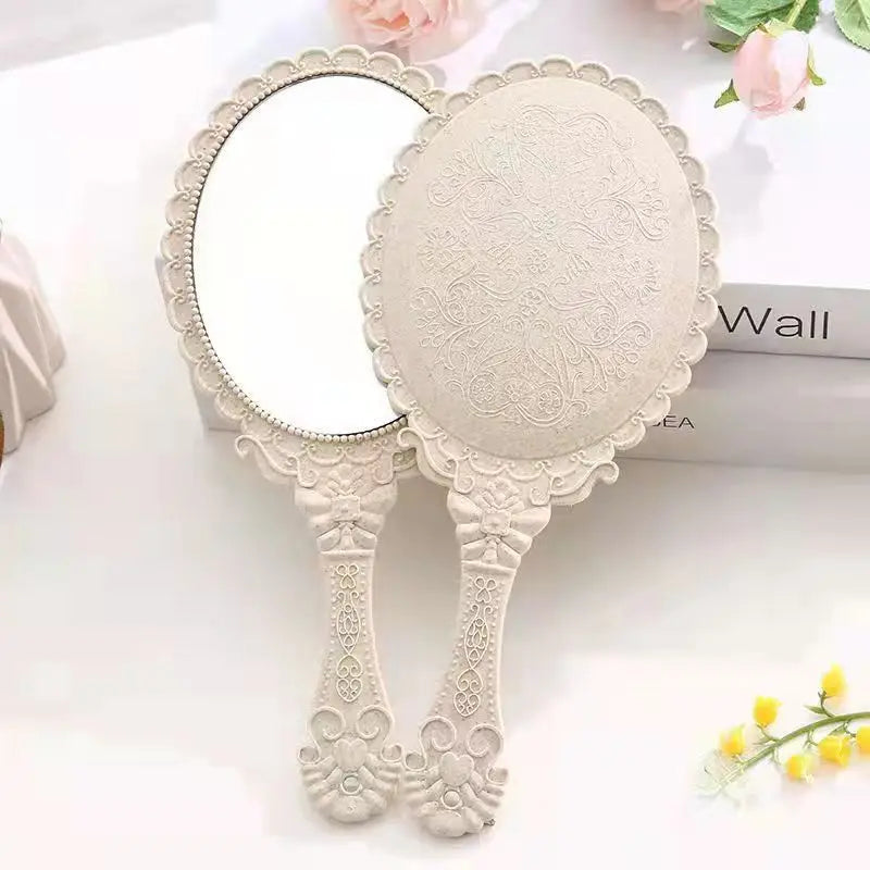 Creative Retro Makeup HD Mirror With Handle Women Bathroom Plastic Patterned Make Up Mirror Portable Handheld Antique Vanity