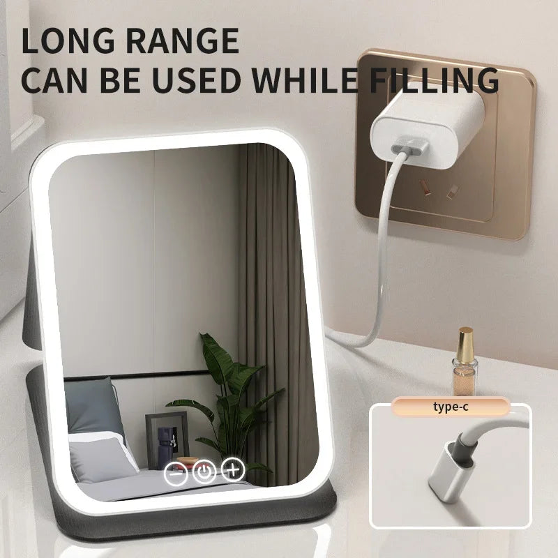Makeup Mirror LED Dimmable Portable Foldable Design with Touch Screen 3 Colors Light Stepless USB Charging for Beauty Fashion