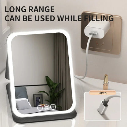 Makeup Mirror LED Dimmable Portable Foldable Design with Touch Screen 3 Colors Light Stepless USB Charging for Beauty Fashion