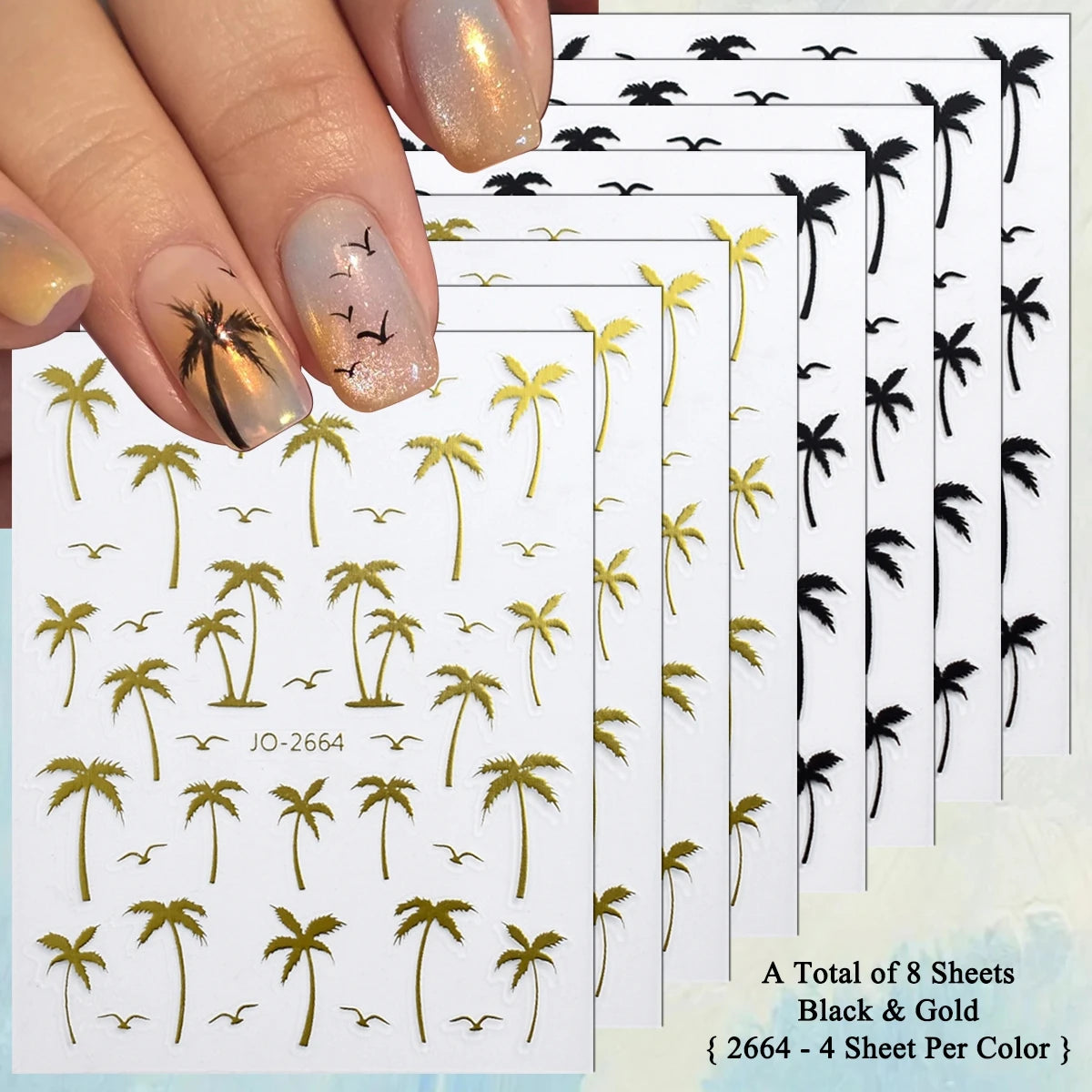2/4/8/12/20 Sheets 3D Palm Tree Nail Stickers Tropical Coconut Tree Seagull Self Adhesive Summer Beach Nail Decals