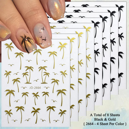 2/4/8/12/20 Sheets 3D Palm Tree Nail Stickers Tropical Coconut Tree Seagull Self Adhesive Summer Beach Nail Decals