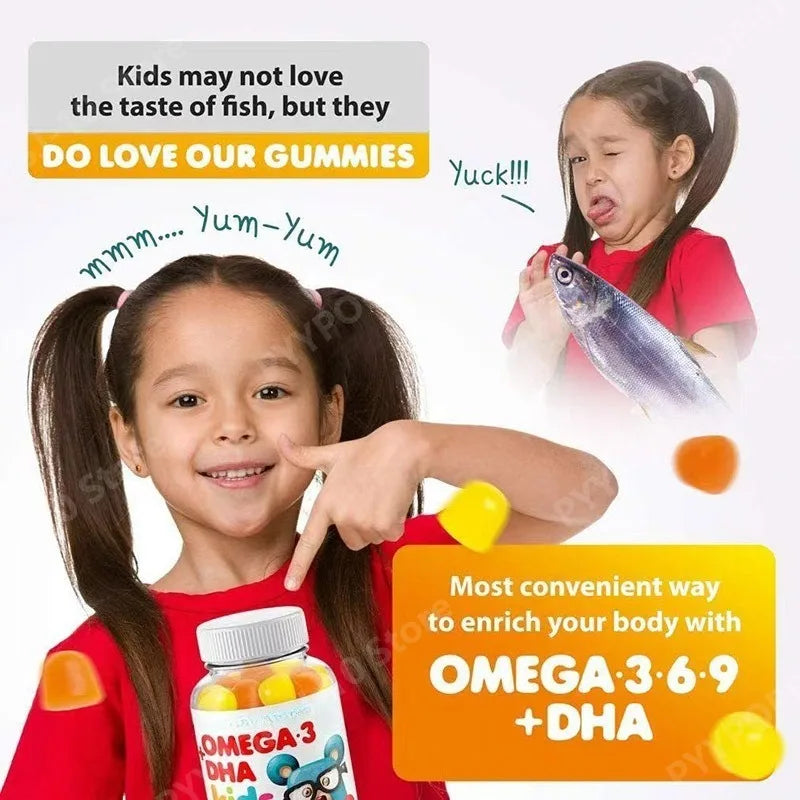 Omega 3 DHA Kids Gummies Brain & Cognitive Eye & Immune Health with Omega 6, 9 & Vitamin C Ages 2+ Non-GMO Gluten Free | 60ct
