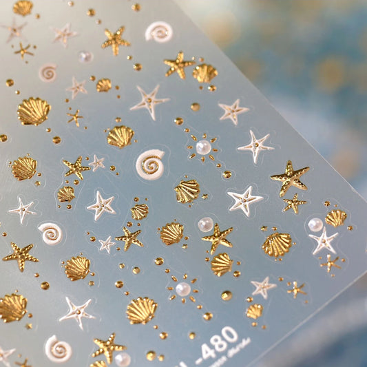 Gold Stamped Shell Conch Scallop Starfish Pearl 5D Embossed Self Adhesive Nail Art Stickers Delicate Ocean Style Manicure Decals