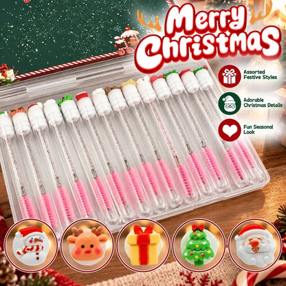 14pcs Gift Box Christmas Mascara Eyelash Brushes Set - Santa Snowflake Design Mascara Wand Makeup Brushes, Travel Eyelash Brush