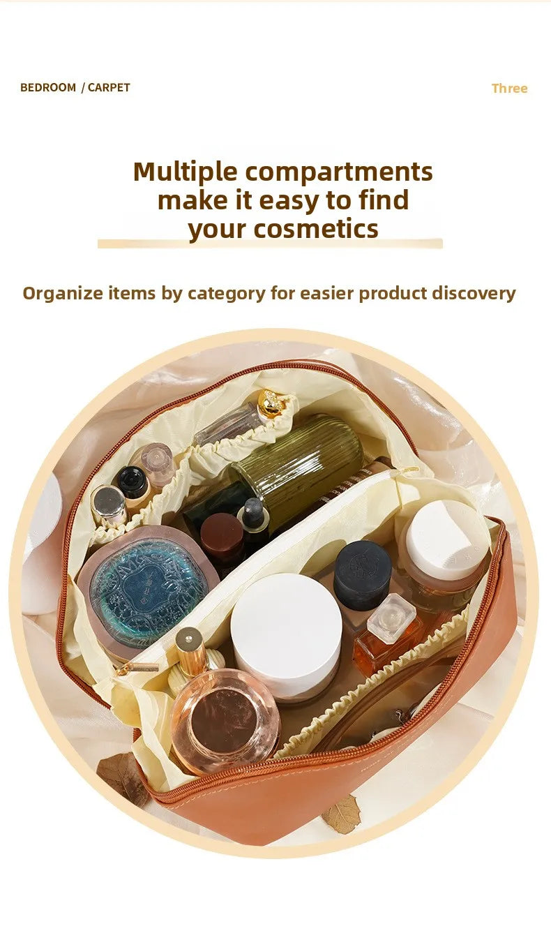 Women Travel Makeup Bag PU Cosmetic Organizer Large Capacity Toiletry Bag Wide Opening Portable Wash Bag