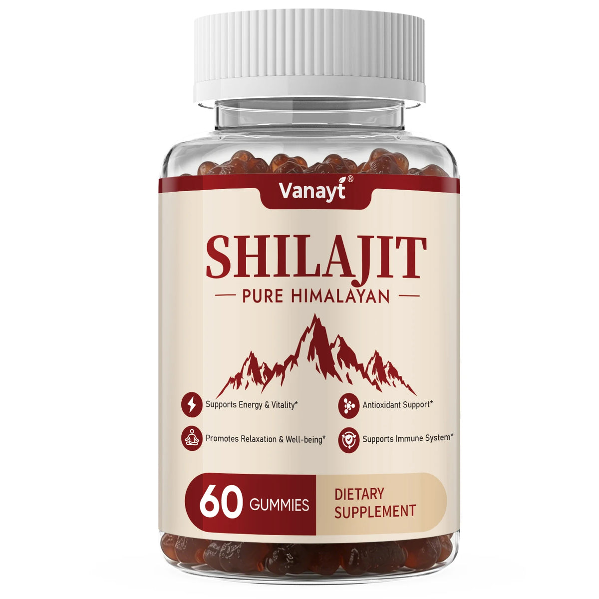 Vanayt Pure Himalayan Shilajit Gummies 3000mg Ashwagandha Ginger Herbal Supplement 60Pcs Support Energy Immunity Antioxidant