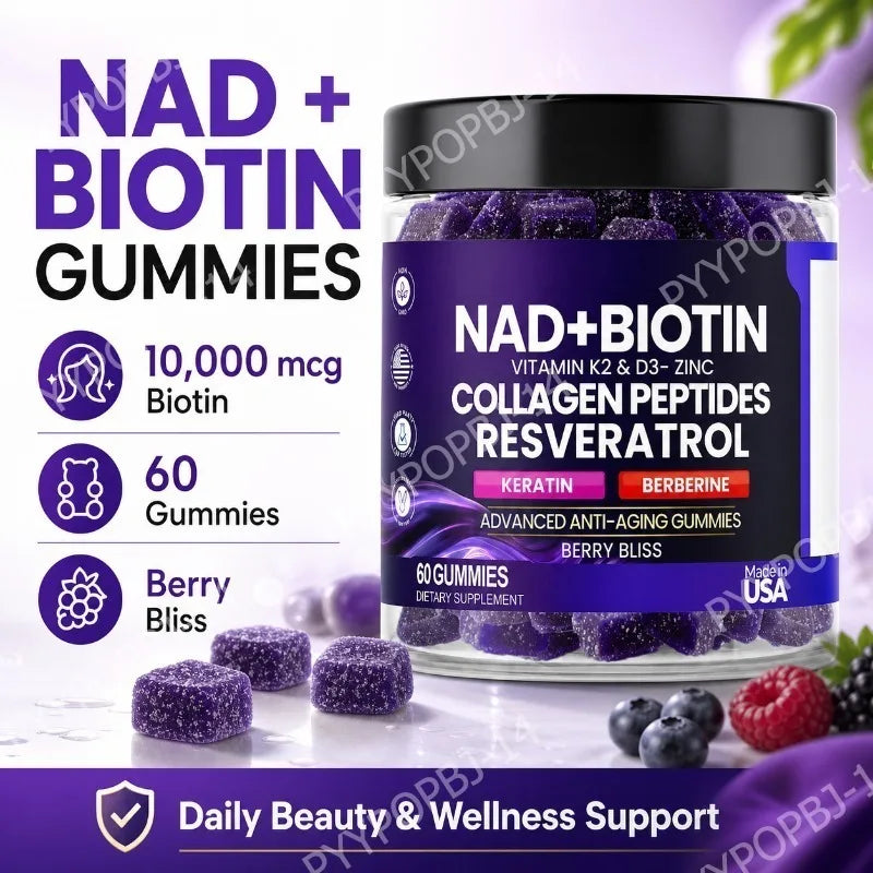 Biotin Collagen Gummies with NAD+ Resveratrol Vitamin D3 K2 Zinc Daily Beauty Wellness Supplement 60 Count Berry Flavor