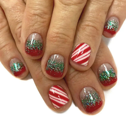 24Pcs Short Oval Press-On Nails - Cute Gingerbread & Candy Cane Christmas Designs, Perfect for Holiday Parties for Women&Girls