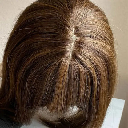 Short Straight Bob with Bangs Ombre Chocolate Brown with Blonde Streaks Synthetic Lace Front Wig Heat Resistant Fibre Wig Daily