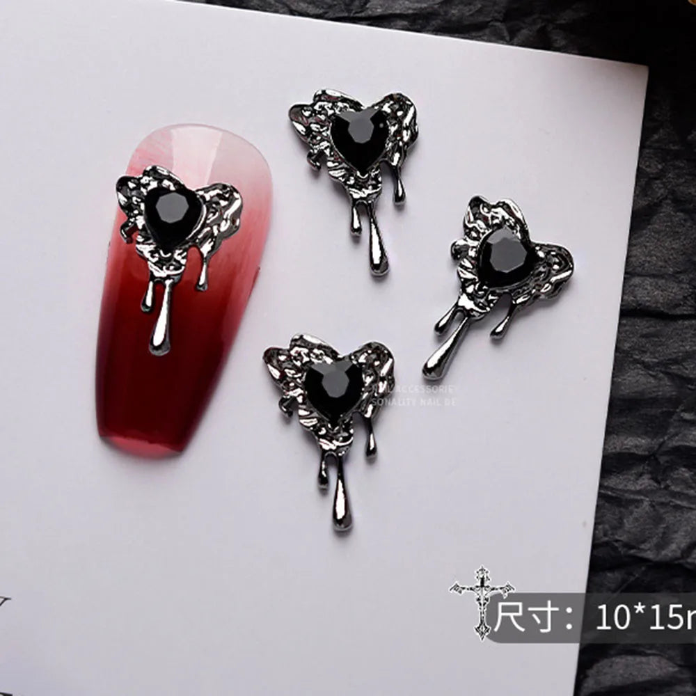 10pcs Darkness Metal Nail Charms Heart with Dark Gems Luxury Nail Decoration 3D DIY Parts Retro Style Aolly Black Heart Charm