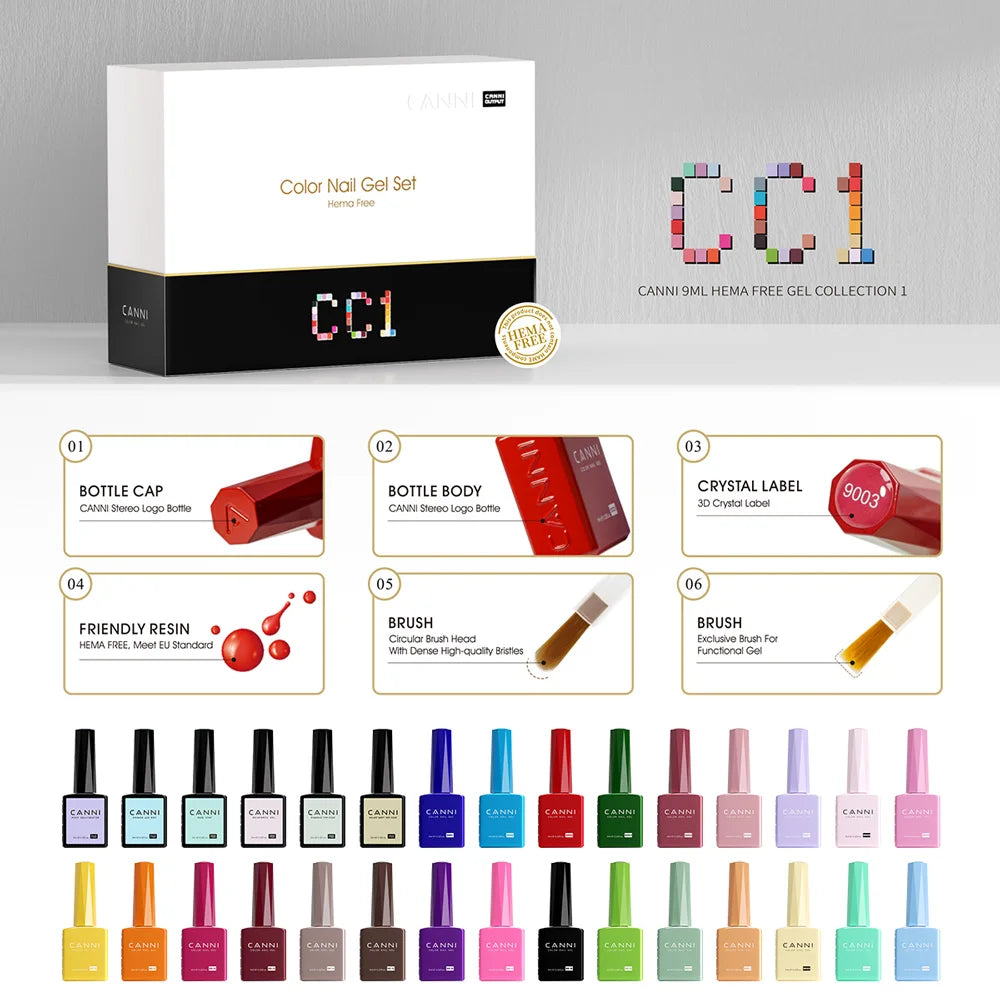 CANNI 9ML Kit Nail Gel Polish HEMA/TPO FREE Full Coverage 30pcs Color Gel Pigment Professional Nail Art Long-lasting Gel Varnish