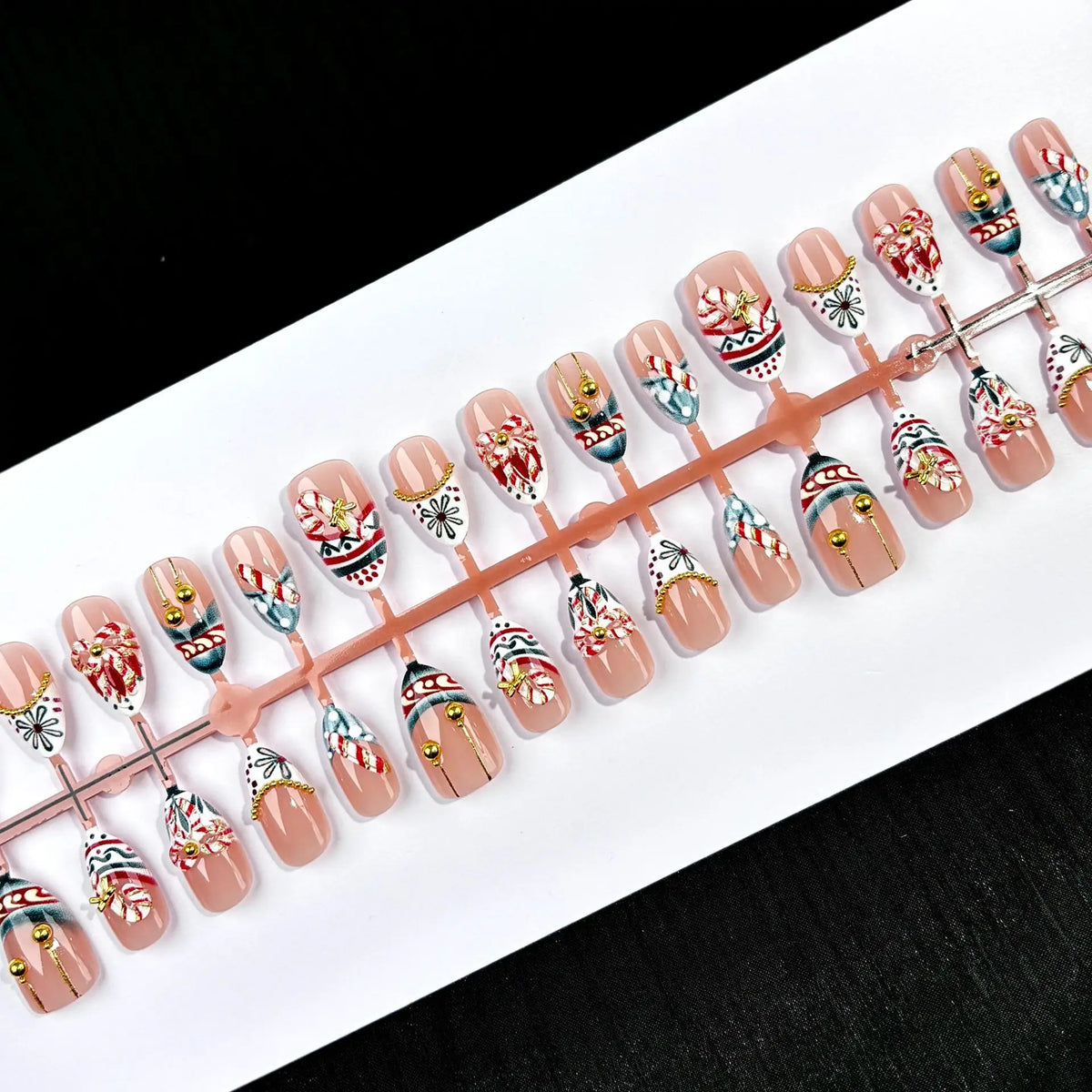 30pcs Christmas 3D Candy Cane Bow Press On Nails Bell Ornament Xmas Fake Nail Short Almond French False Nail for Women Holiday