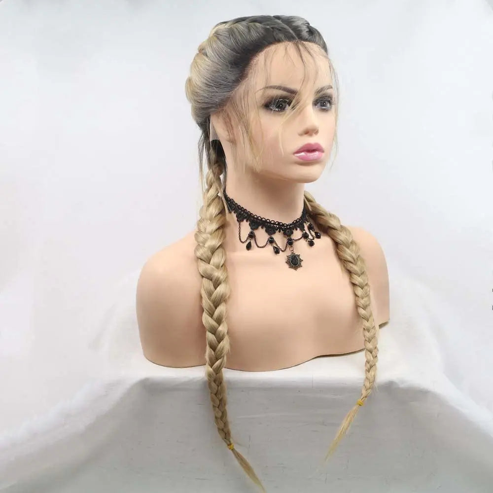 Synthetic Blonde Lace Front Braid Wigs Ombre Blonde Double Braid With Dark Roots Heat Resistant Fiber Braid Baby Hair Wigs
