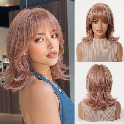 Short Light Pink Wave Synthetic Wigs with Bangs Rose Gold Lolita Natural Hair Wigs for Women Cosplay Daily Party Heat Resistant