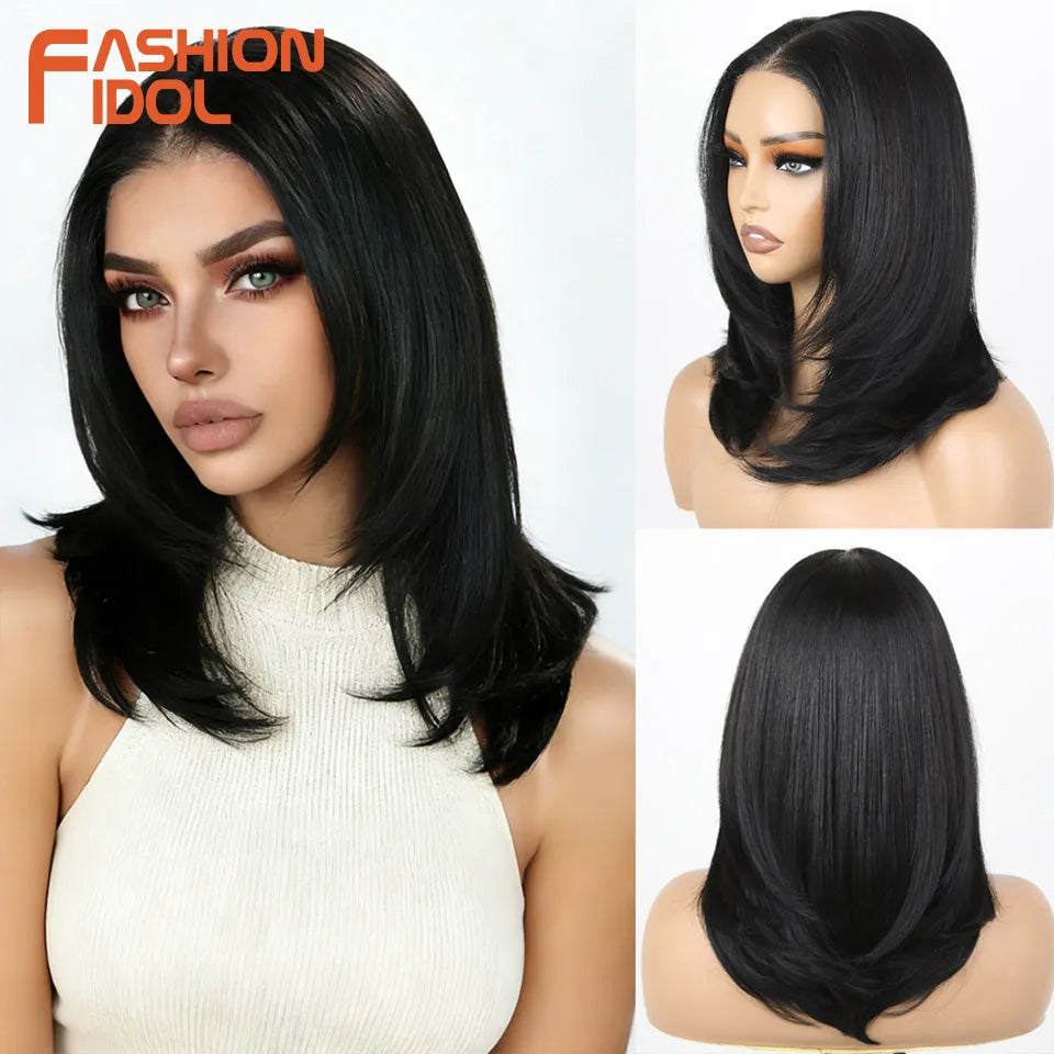 FASHION IDOL 16 Inch 13x3 Lace Front Wigs Synthetic Straight Hair Layered Ombre Brown Free Part Pre-Plucked Bob Wigs for Women