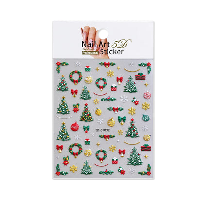 1pcs Gold-foiled Christmas Tree 5D Nail Stickers Bow Holly Snowflake Wreath Christmas Nail Decals Cartoon Merry Christmas Decora