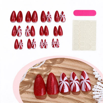 24PCS Red Cat Eye Striped French Christmas Press-On Nails Shiny High-Quality Reusable False Nail Tips Wholesale