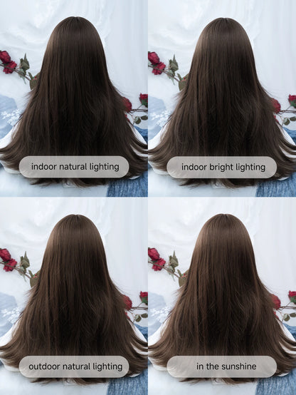 20Inch Chestnut Brown Lovely Synthetic Wigs with Bangs Medium Natural Wavy Hair Wig for Women Daily Use Cosplay Heat Resistant