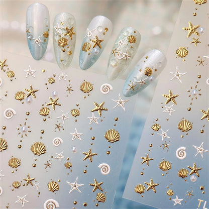 Gold Stamped Shell Conch Scallop Starfish Pearl 5D Embossed Self Adhesive Nail Art Stickers Delicate Ocean Style Manicure Decals