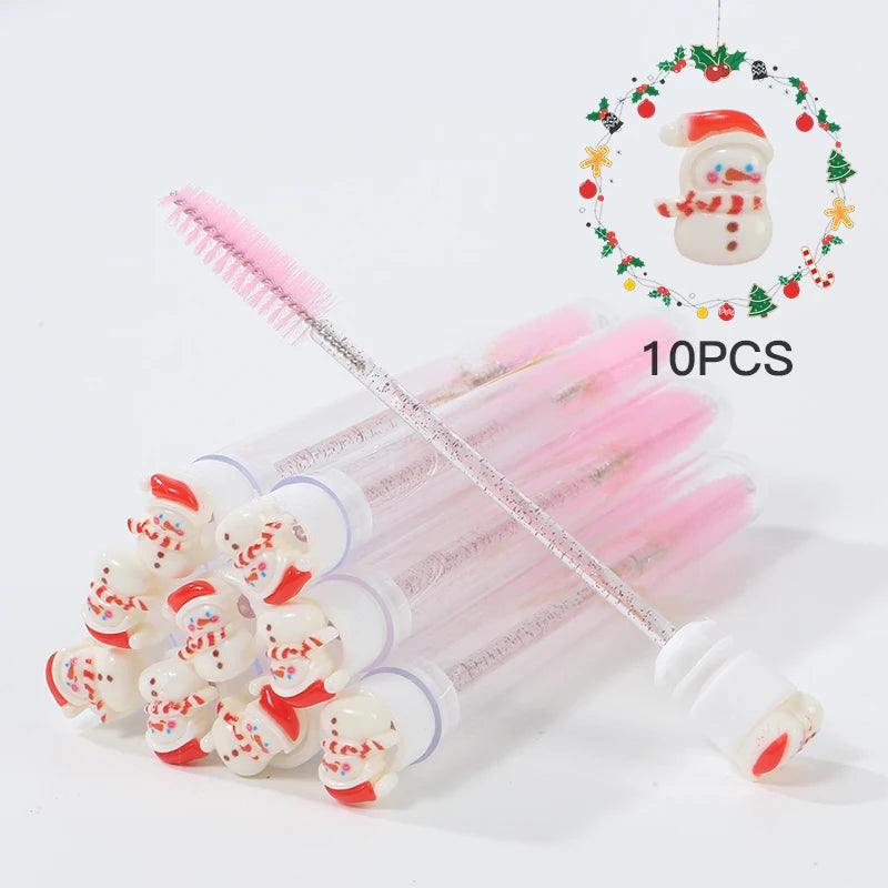 10Pcs Christmas Eyelash Brushes Set Santa Mascara Wand with Case Spoolie Eyebrow Comb Festive Makeup Tool Xmas Gift for Women