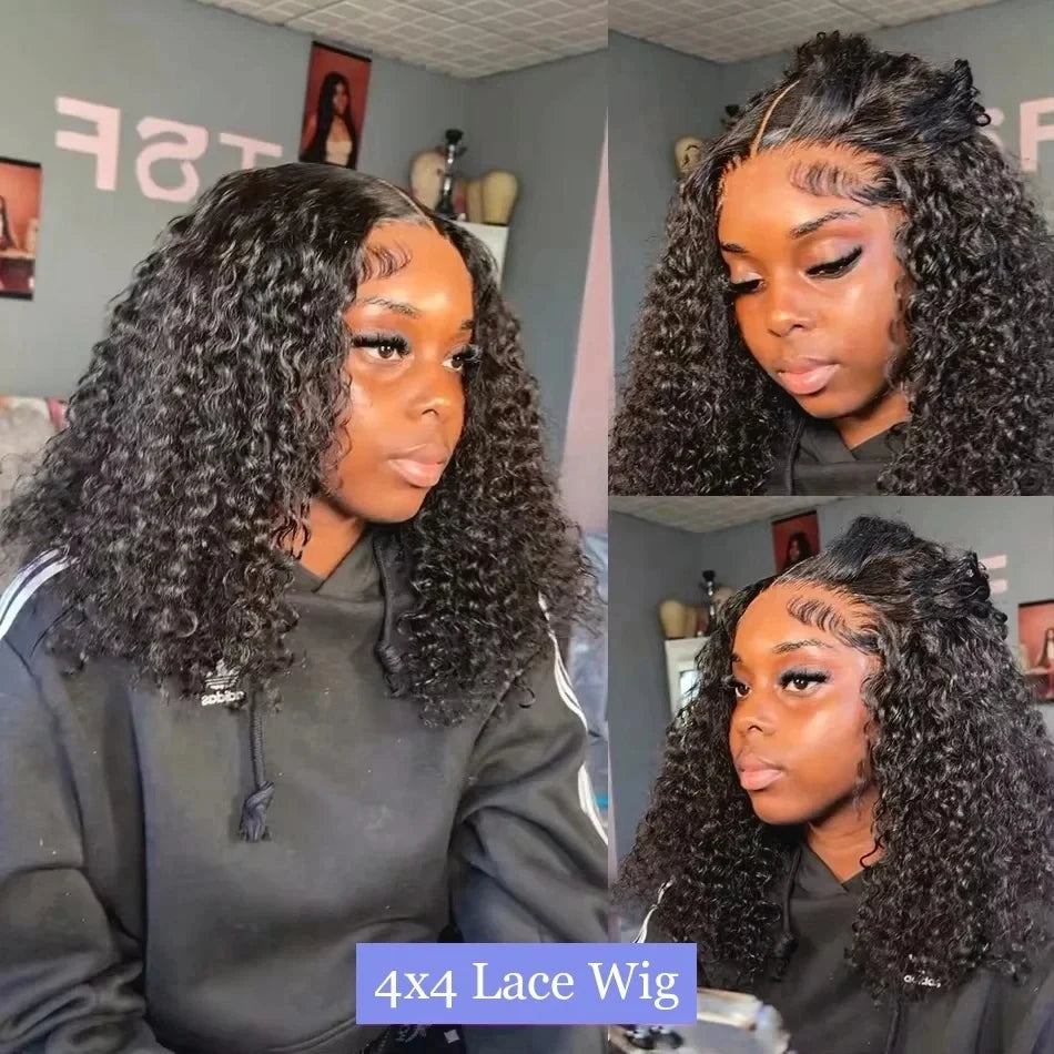 14 16 Inch Curly Deep Wave 13x4 Lace Frontal Wigs Short Bob Wig Brazilian Remy 100% Human Hair 4x4 Transparent Lace Front Wig