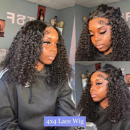 14 16 Inch Curly Deep Wave 13x4 Lace Frontal Wigs Short Bob Wig Brazilian Remy 100% Human Hair 4x4 Transparent Lace Front Wig