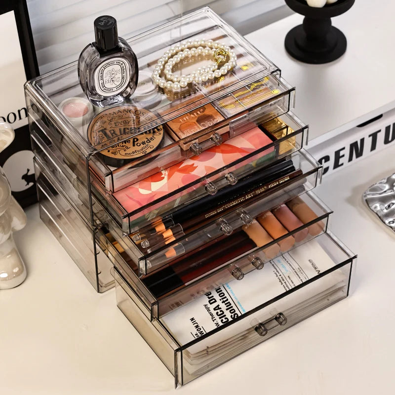 1pc Desktop Drawer Style Acrylic Transparent Black Cosmetics Storage Box Desktop Stackable Office Supplies Skincare Organizer