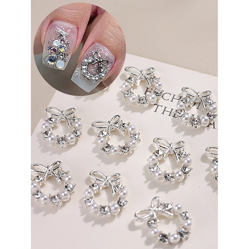 3D Christmas Nail Art Charms; Gold & Silver Bows and Wreaths; Cute Winter Designs for DIY Manicures and Salon Accessories