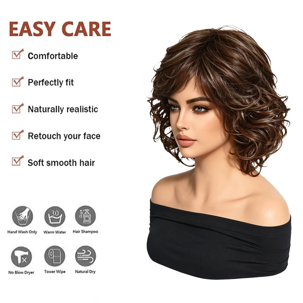 Short Curly Brown Wig with Blonde Highlights Women Synthetic Bob Wigs Natural Looking Side Bangs Heat Resistant For Daily Party