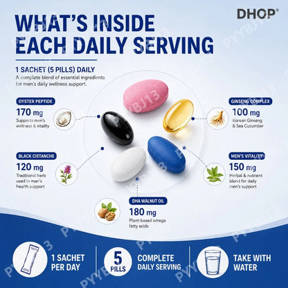 DHOP Men's Vitality Daily Supplement Pack Oyster Maca Cistanche Tablets Ashwagandha NMN DHA Capsules for Men's Energy Support