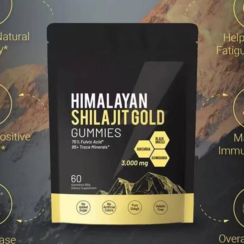 Hot Selling Shilajit Gummies Black Bag 60pcs/Bag HIMALAYAN SHILAJIT GOLD GUMMIES 3000mg Supplement Trace Elements Mass Customize