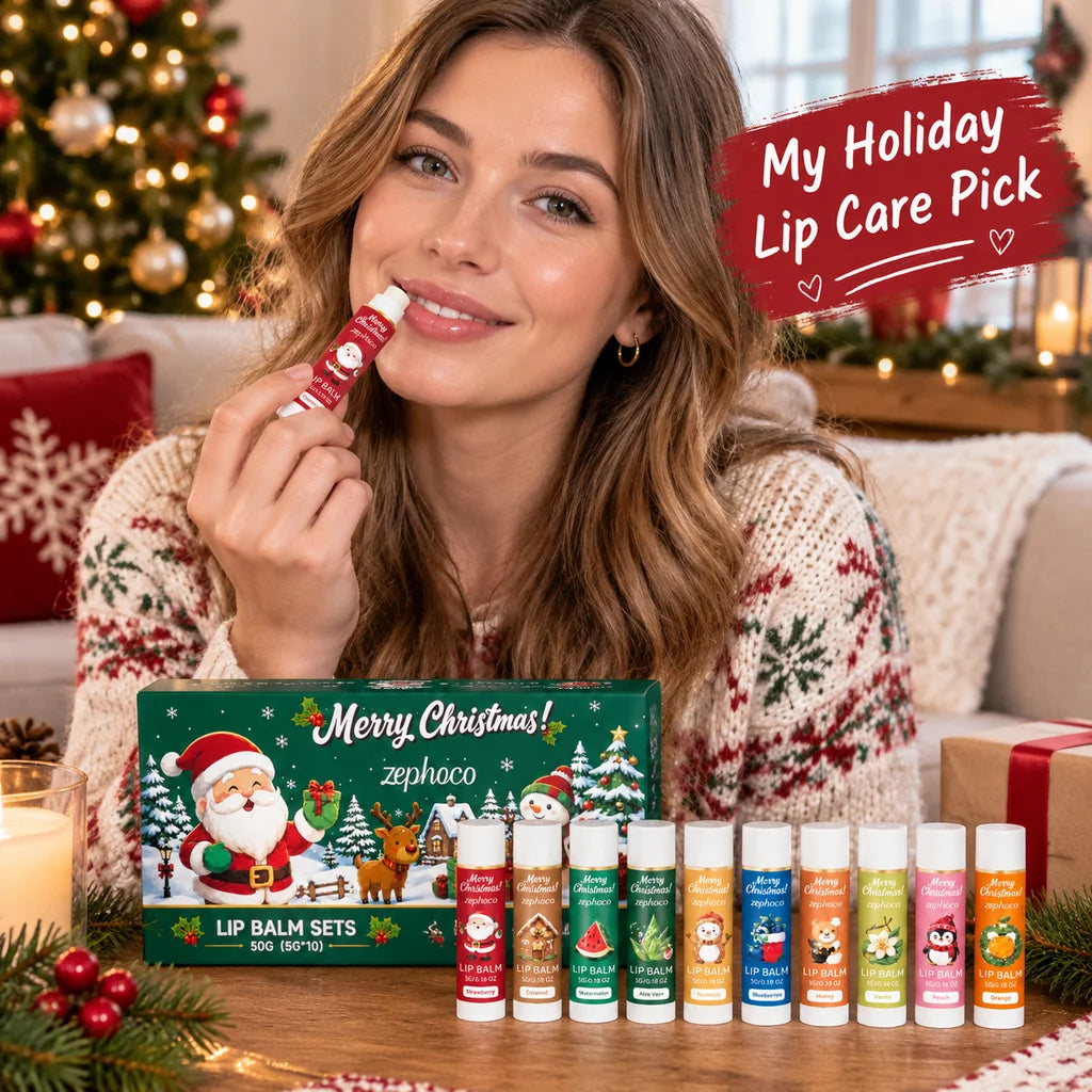 Christmas Lip Balm Set 10 Pack Fruit Flavored Moisturizing Gift Box for Chapped Lips Winter Care Women 50g Christmas Gift