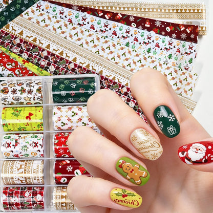 10Rolls Christmas Nail Transfer Foil Mixed Santa Snowman Elk Full Cover Nail Starry Paper For Holiday DIY Manicure Nail Stickers