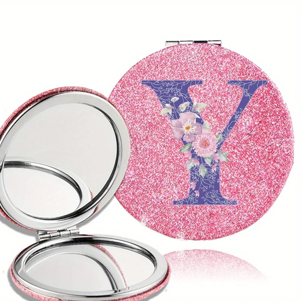 Women Folding Makeup Mirror Facial Beauty Makeup Care Tool Durable PU Surface Waterproof Ideal Party Gift Pink Flower Pattern
