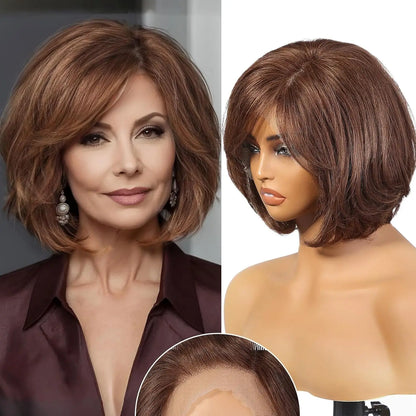 Short Layered Wavy Bob Wig with Bangs for Women Blonde Highlights Human Hair 12 Inches HD Lace Front Wigs With Dark Roots