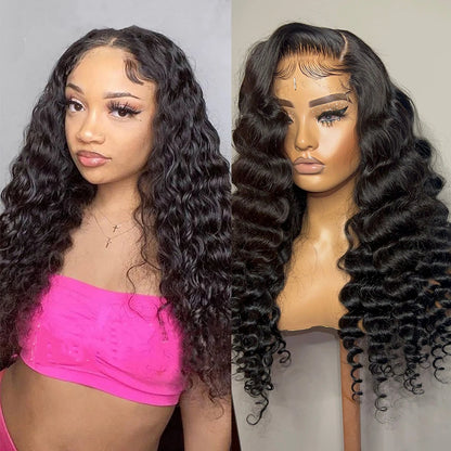 210 Density Deep Wave Human Hair Wigs 13x4 Transparent Lace Front Deep Curly Wigs Pre Plucked Virgin Raw Real Human Hair Wigs